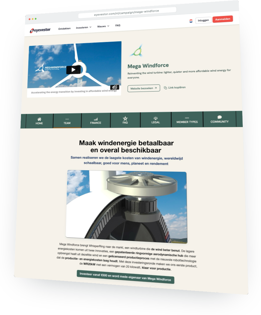 The Mega Windforce campaign page on Eyevestor