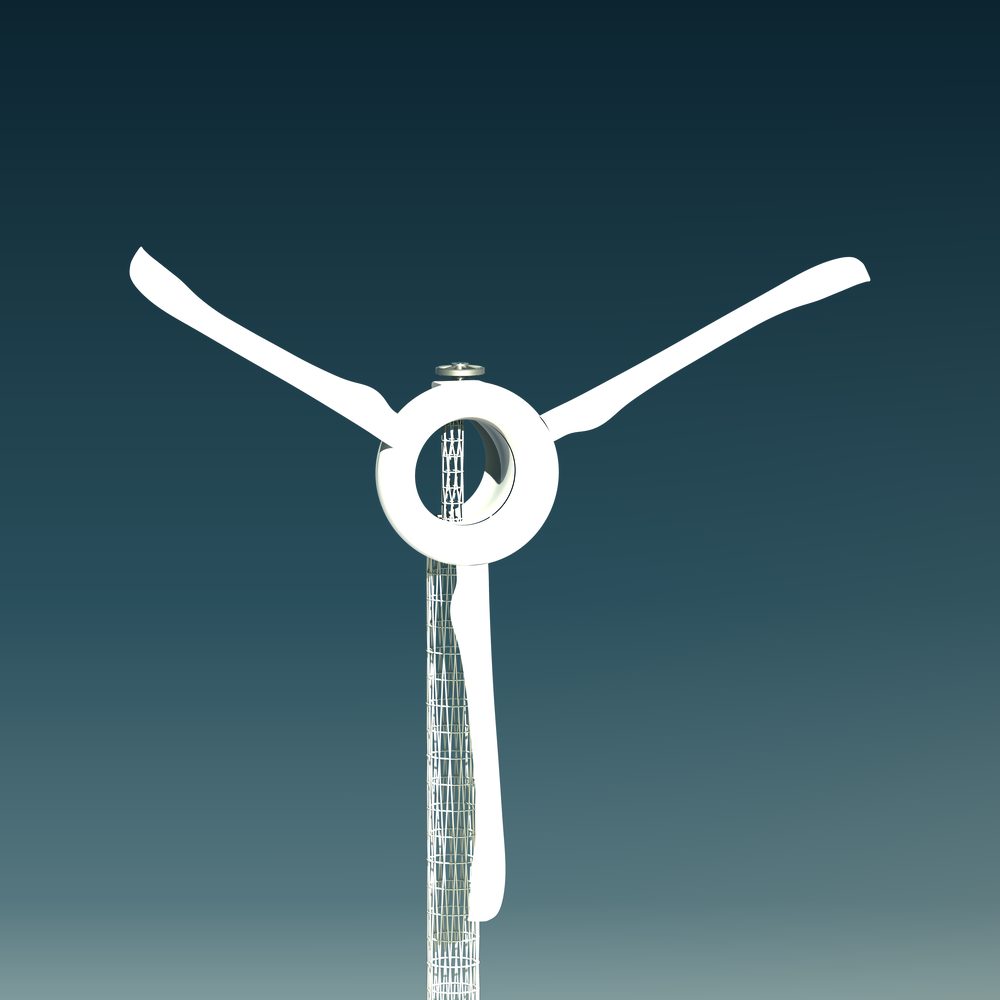 The WR20kW wind turbine, with the ring that carries the blades and the lattice tower